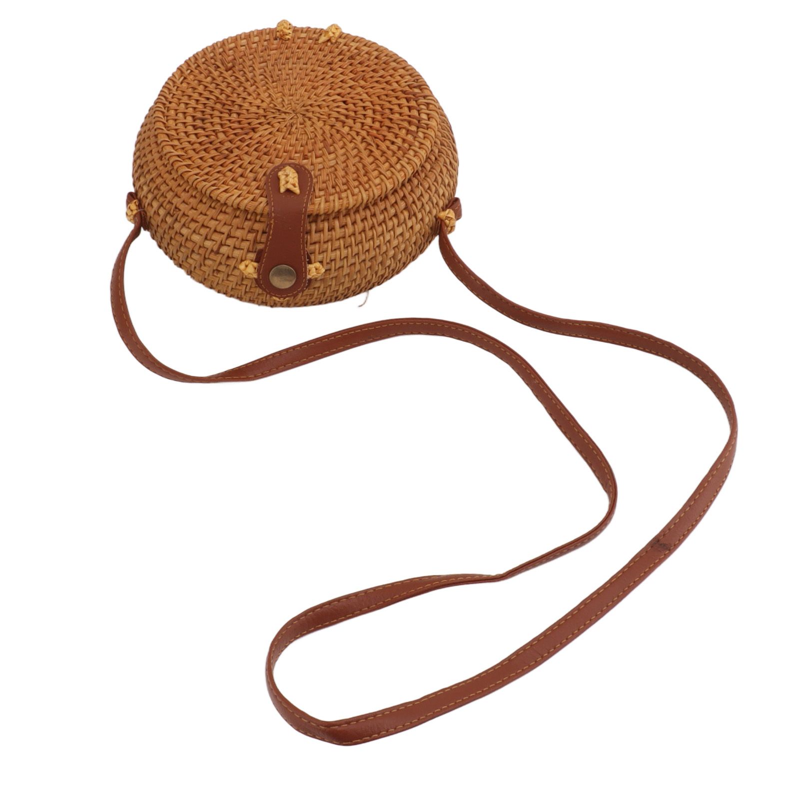 Handwoven Round Rattan Bag Tropical Beach Style Woven Shoulder Rattan Bag with Leather Strap 20cm Diameter Natural Color Oval with Lining — image 5