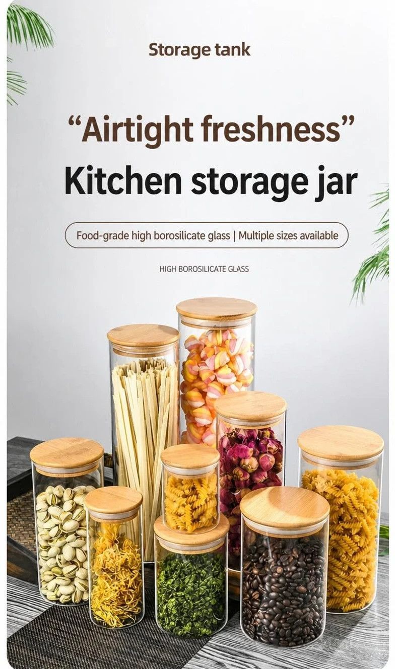 Moisture Proof Glass Storage Jar, Clear Food Canister With Natural Bamboo Cover, 5.5cm*15cm, 300ml, Wonderful New Home Gift — image 2