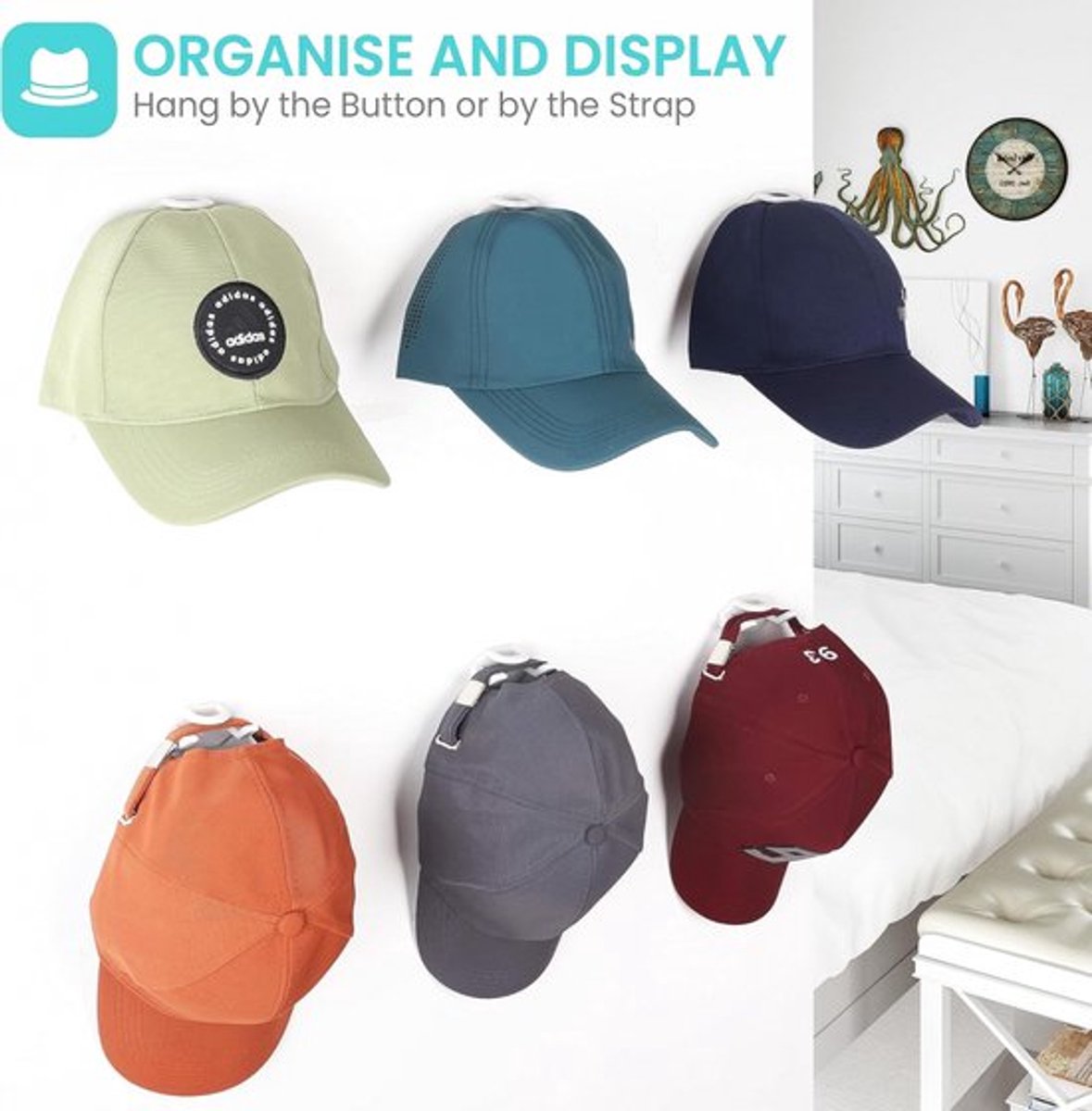 Cap Rack Set of 8 - Wall Cap Holders - Cap Hooks - With Screws and Tape - Two Installation Methods - Cap Rack Coat Rack - Cap Rack Storage System - Cap Storage — image 2