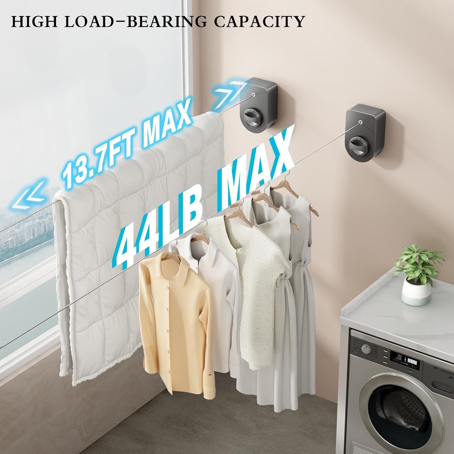 Retractable Clothesline Indoor, Non-Sagging Clothes Line Outdoors,13.7 Ft Heavy Duty Clothesline with Telescopic Hanging Rod, Wall Mounted Space-Saving Laundry — image 3