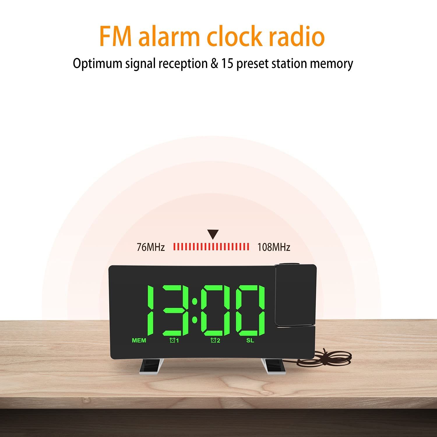 Projection Alarm Clocks for Bedrooms with Radio, USB Charging Port, Auto Dimmer, Dual Alarm Clock for Heavy( Color: Green Text ) — image 3