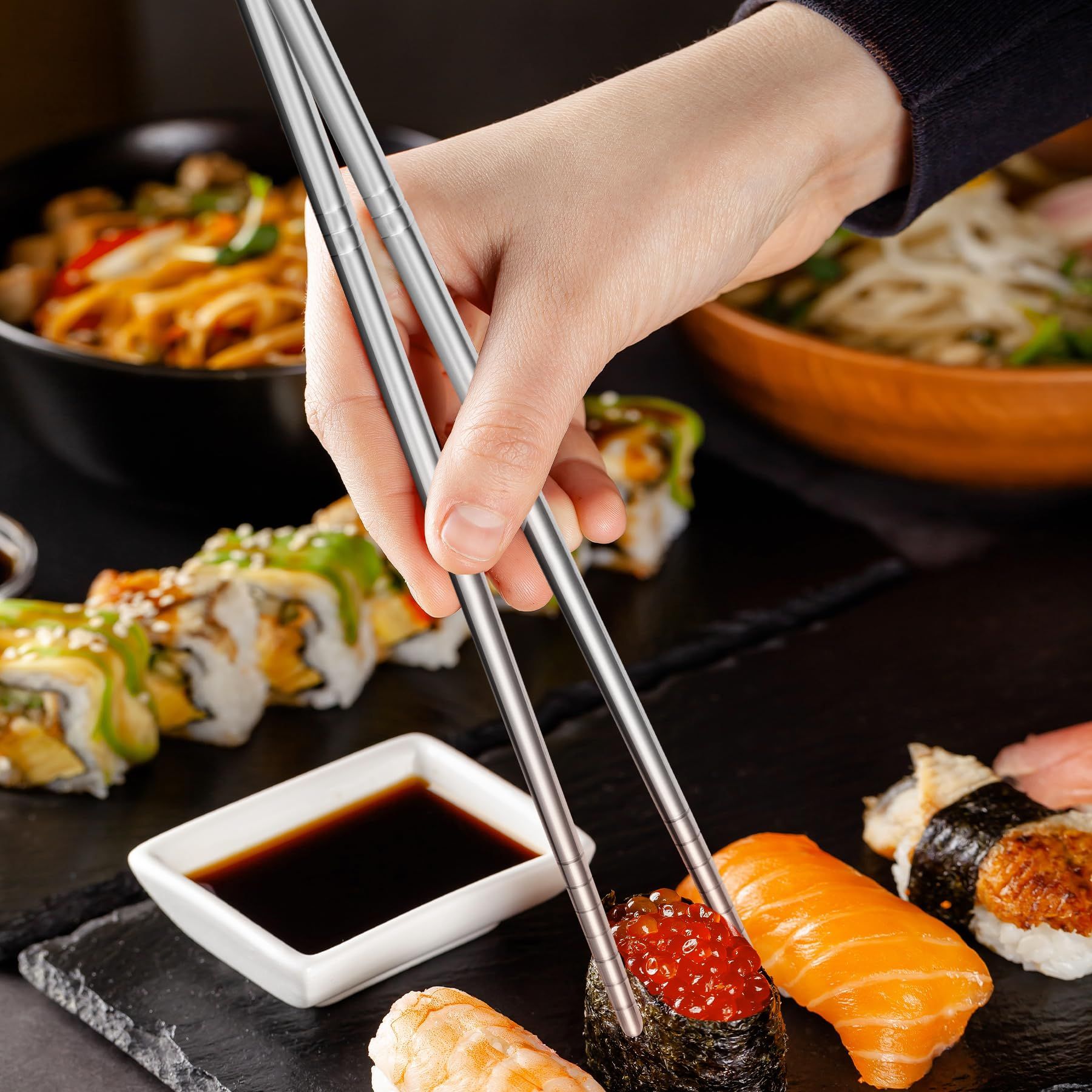 Chopsticks Small Square Chopsticks Long Lightweight Chopstick Set Reusable Classic Style for Kitchen Dinner 5 Pairs Silver — image 2