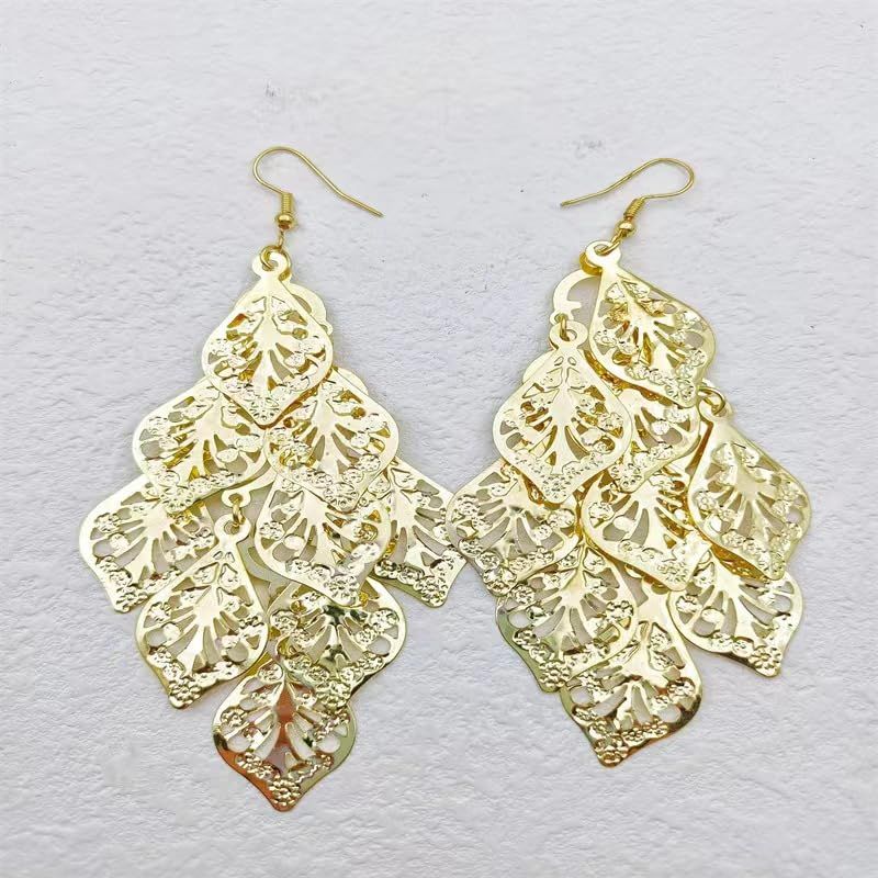 Metal tassel earrings for Women Dainty Alloy Bohemian Ethnic Style Tassels Metal Leaf Long Chandelier Dangle Earrings Vintage — image 3