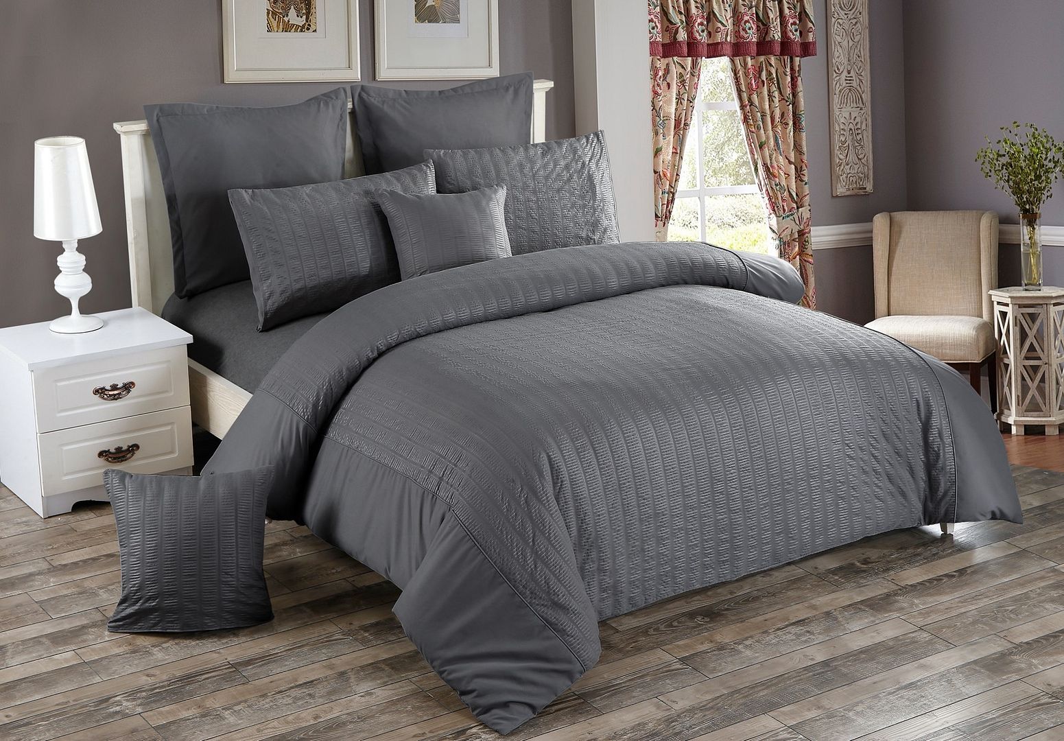 Seersucker Double Size Charcoal Duvet Quilt Cover Set — image 2