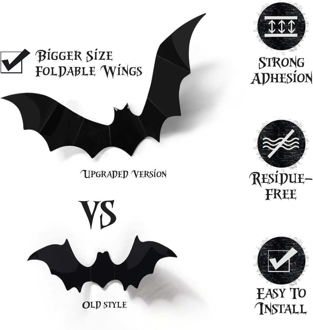 3D Realistic Scary Bats Wall Stickers 12Pcs Halloween PVC Black Bat Decorative Vampire Decals Home Kitchen Shop Wall Door Window — image 3