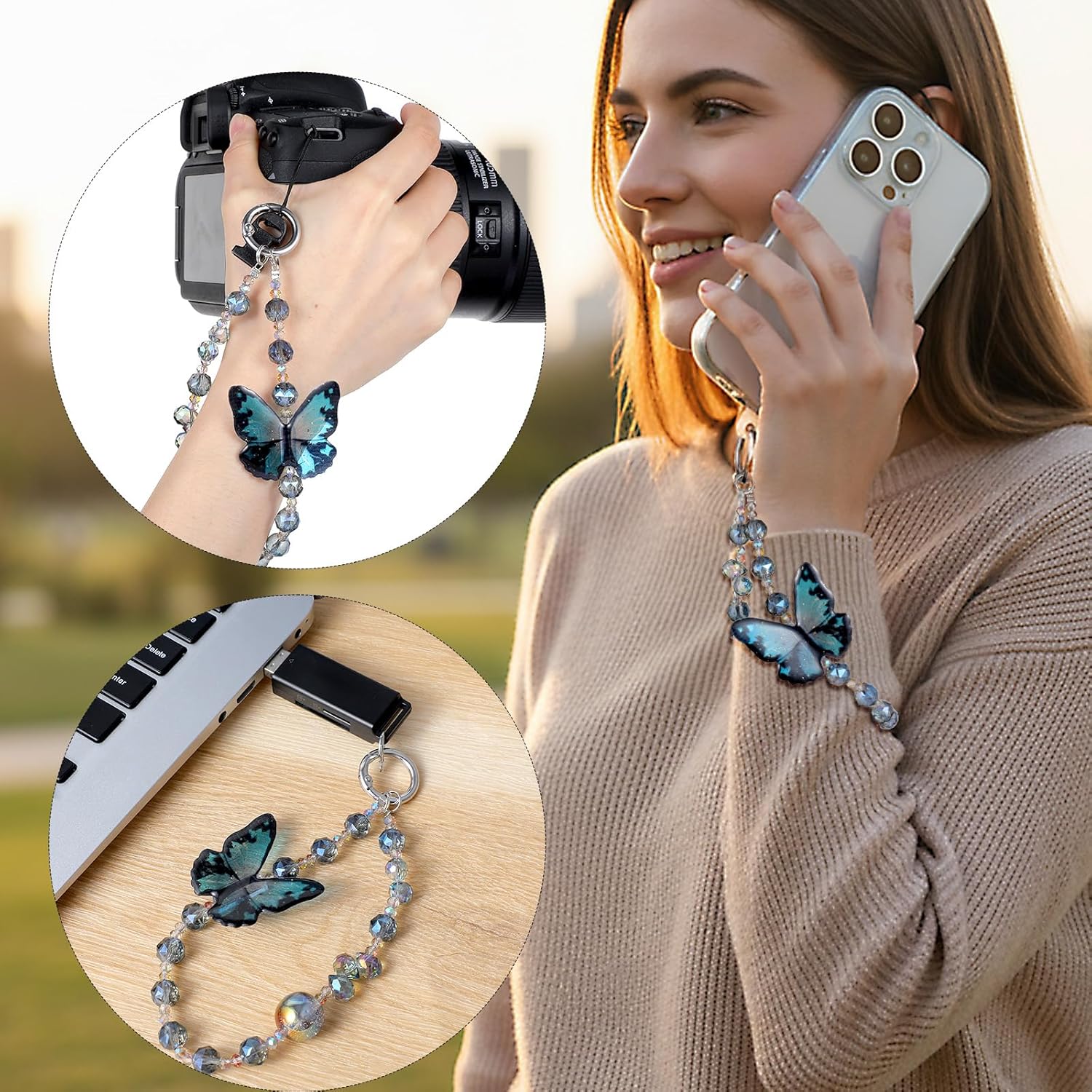 Cute Phone Charm Wrist Strap with Spacer,Butterfly Beaded Phone Chain Wristlet for Case Cellphone Chain Lanyard — image 6