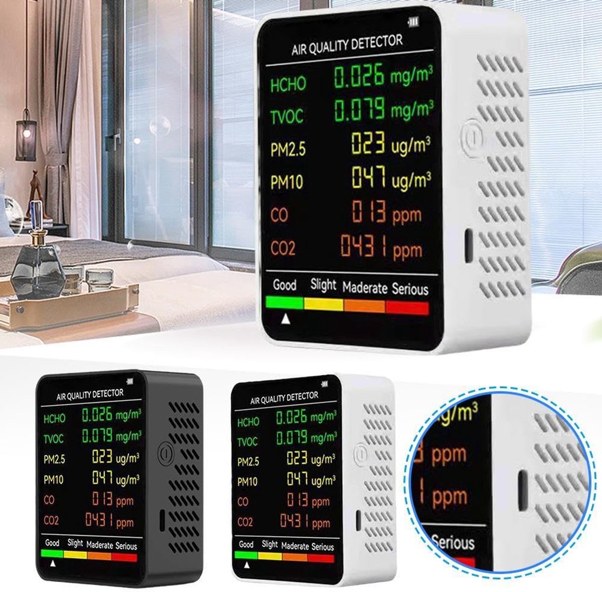 Air Quality Monitor - 6 Functions - Detects PM2.5, PM10, HCHO, TVOC, CO, CO2 - Suitable for monitoring indoor air, testing office spaces, inspecting car air — image 3