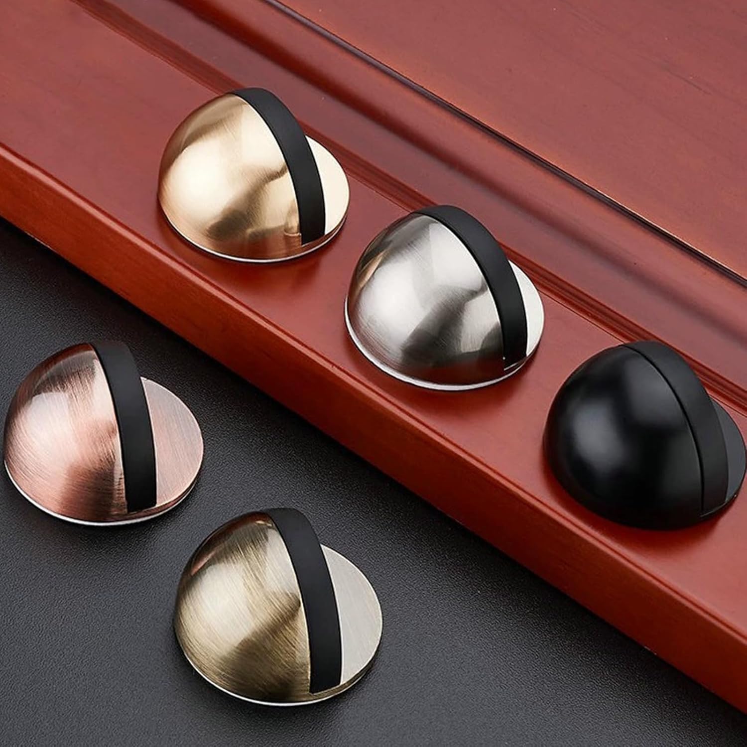 Drill-Free Floor Mounted Door Stoppers 3M Adhesive Self Adhesive Door Stoppers with Black Rubber Bumper Tips Floor Mount Half Dome Door Stopper for Office — image 6
