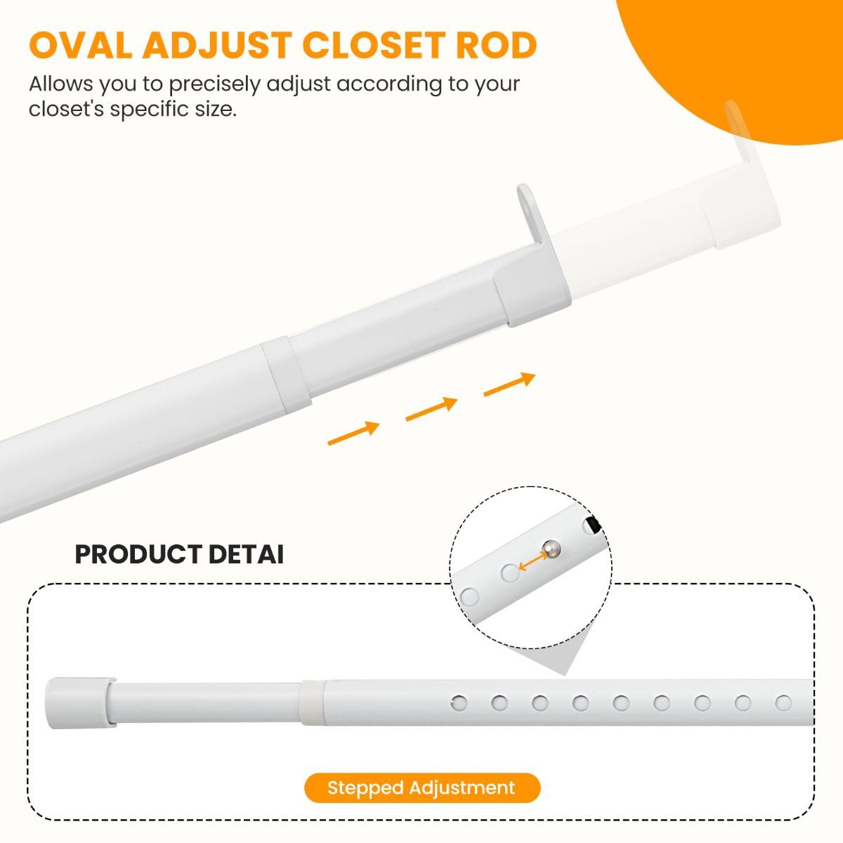 18-87" Oval Closet Rod for Hanging Clothes Adjustable Closet Rods Heavy Duty Black Poles Bar Closet Rod Expandable for Wardrobes Laundry RV - White — image 2