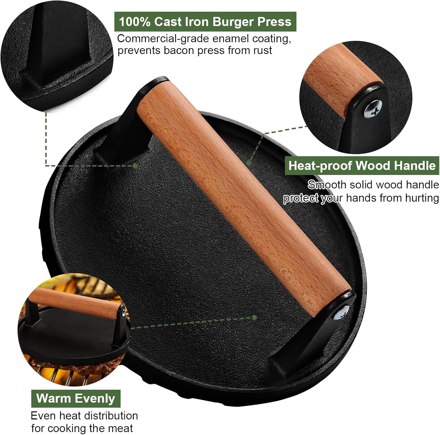 Burger Press, 7" Round Heavy-Duty Cast Iron Smash Bacon Press Meat Steak with Wood Handle for Griddle, Sandwich, Nonstick Pan — image 3