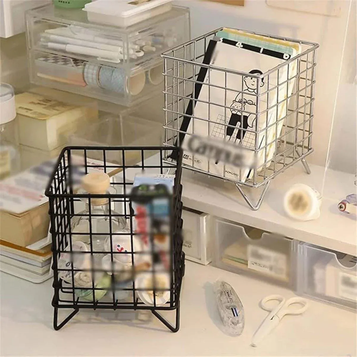 Large Wrought Iron Storage Basket Desktop Organizer Box for Dormitory Cosmetics - Black — image 5