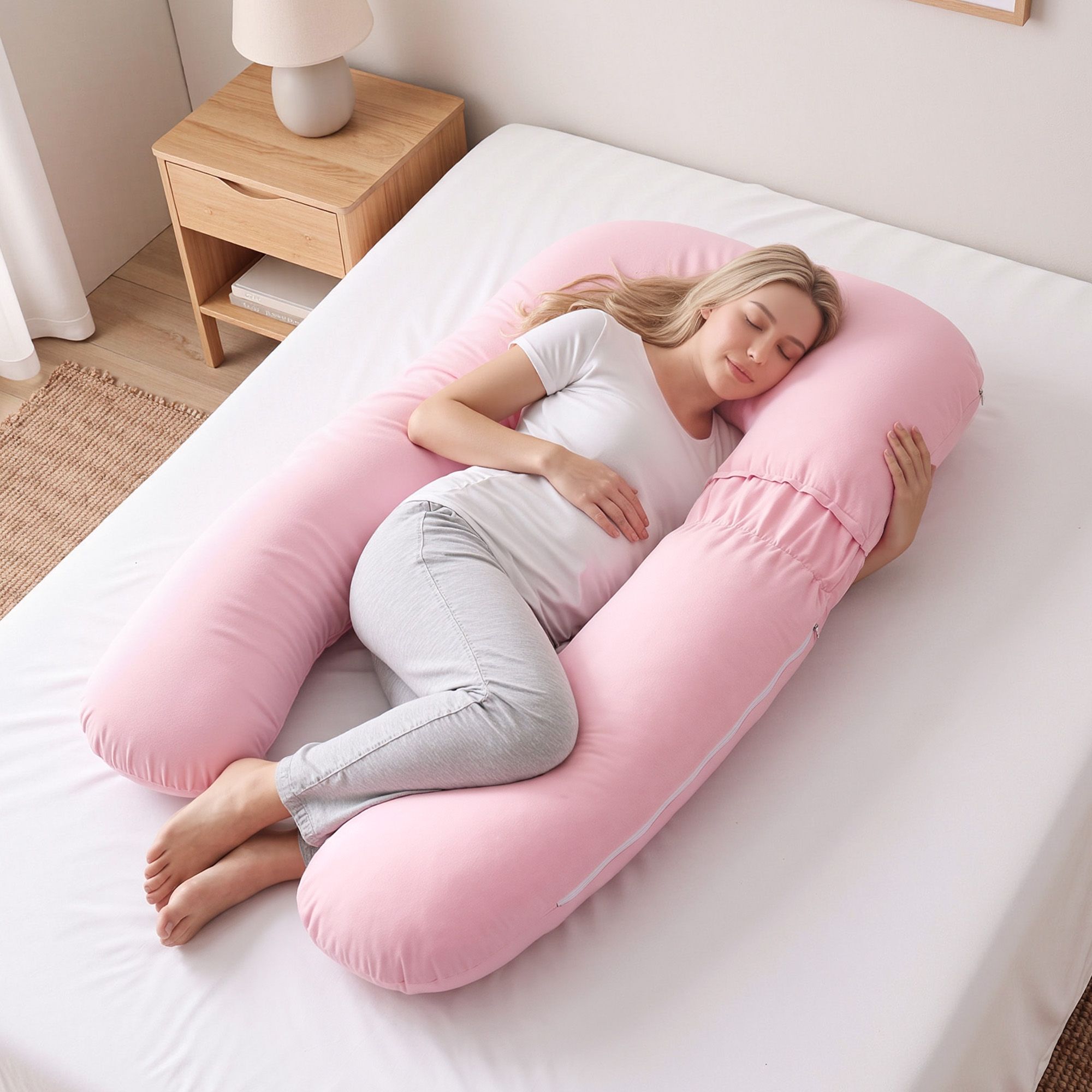 Giselle Bedding Pregnancy Pillow U Shaped Full Body Pillow with 100% Cotton Jersey Cover Maternity Pillow for Sleeping Reading, Pink, 73x133cm โ image 2