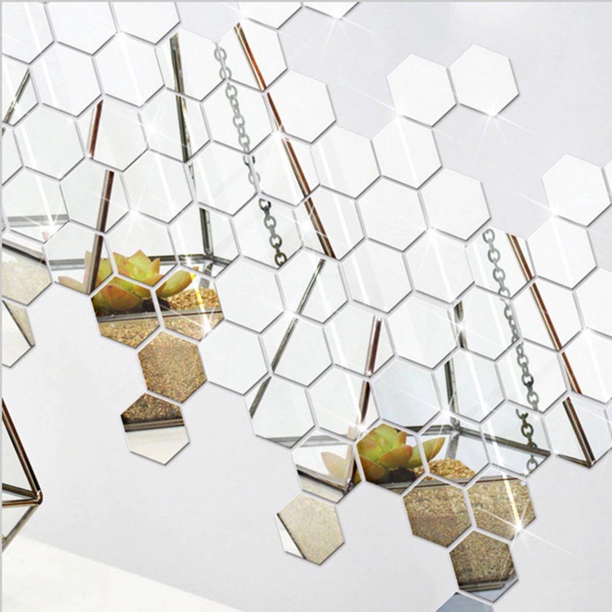 12-Pack Hexagon Acrylic Mirror Wall Stickers, Silver Self-Adhesive Decor, 8 x 7 cm — image 6