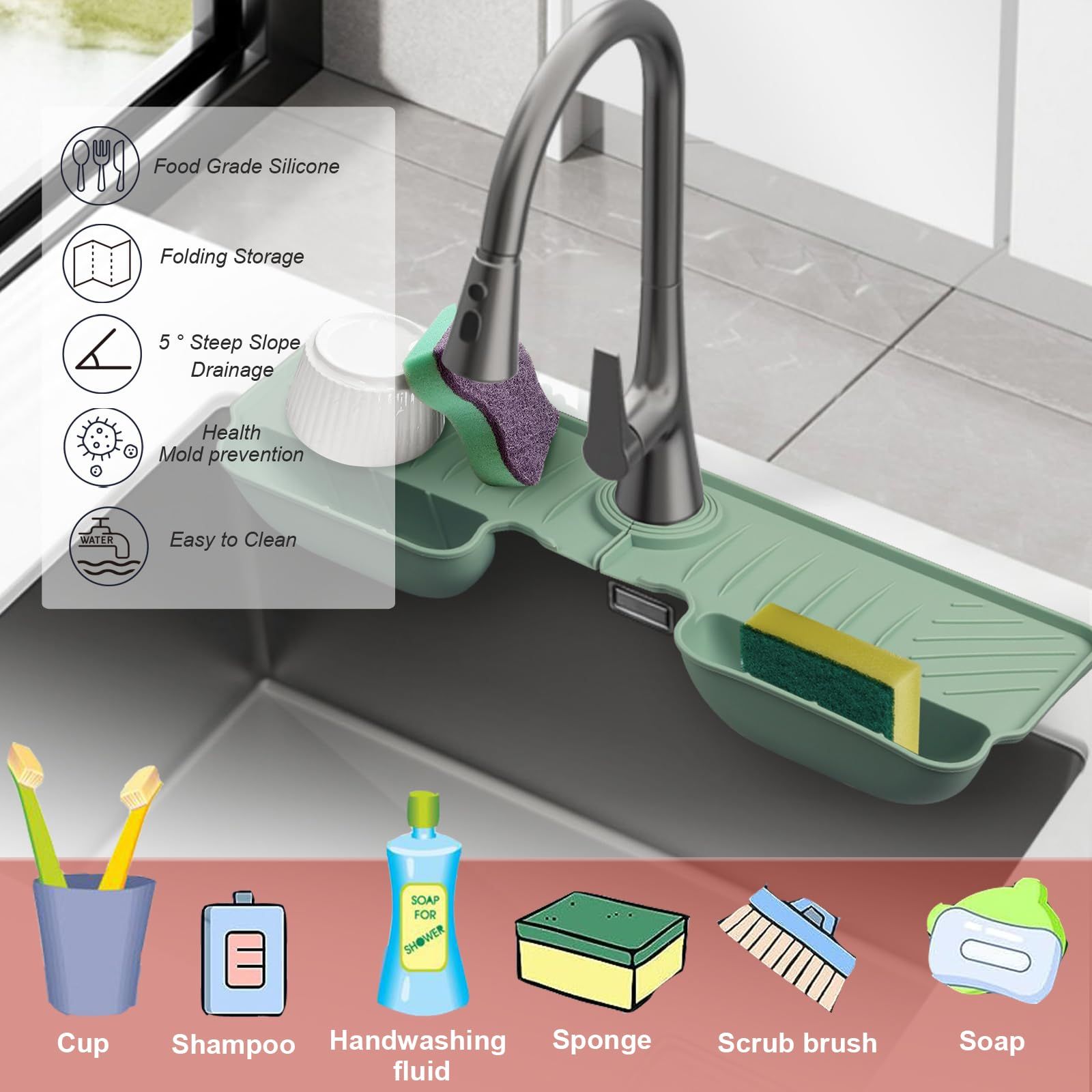 Silicone Faucet Splash Guard Mat, Faucet Water Catcher Mat Silicone Sink Mat Tray Drying Mat, Home Kitchen Sink Accessory Gadgets — image 4