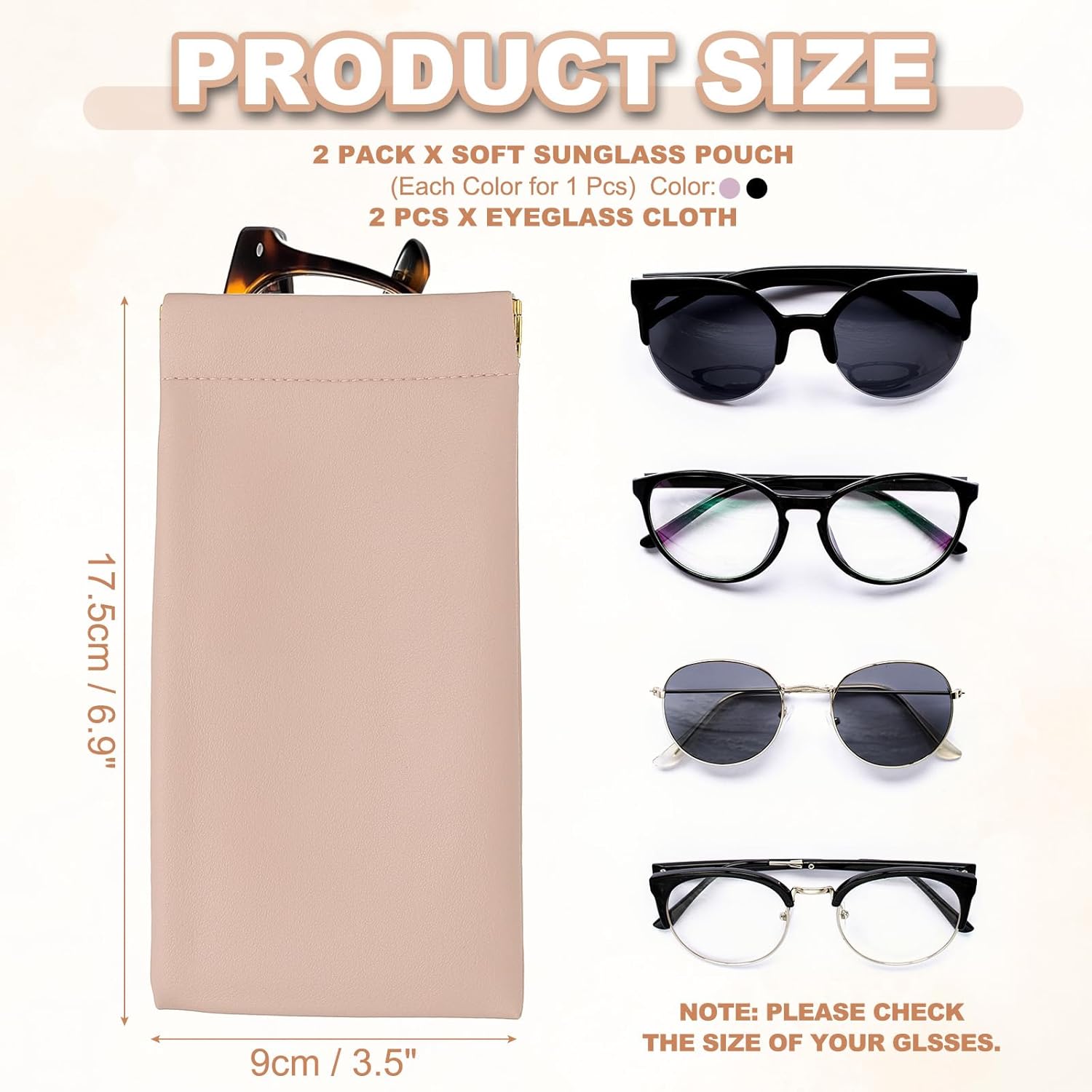 Squeeze Top Sunglass Pouch, PU Leather Soft Eyeglass Pouch Portable Travel Sunglasses Pouch(2 Set) White/Pink White โ image 2