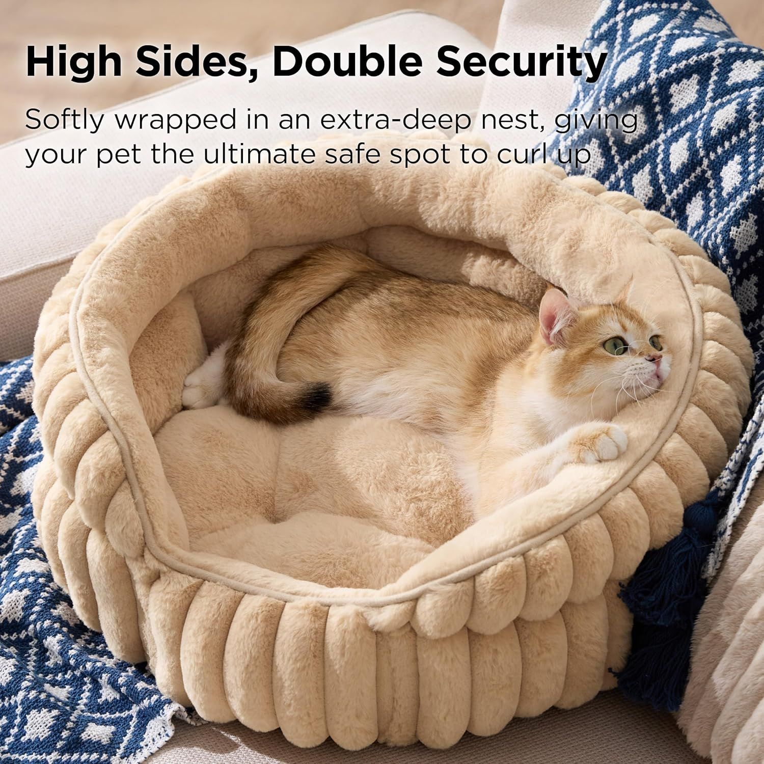 Cat Bed, Washable Round Cute Pet Beds for Indoor Cats, Super Soft Corduroy Kitten Bed with Anti-Slip Bottom, 20''x20''x8'', Sandy Beige — image 2