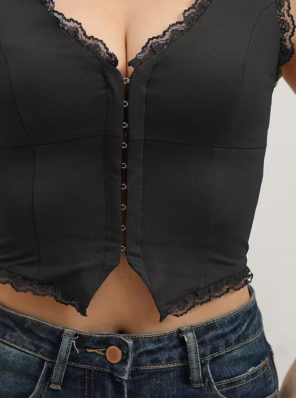 2-Pack Black French Vintage Lace Splice Camisole(S Size) - Slim Fit Halter Top with Back Detail and Button Placket โ image 2
