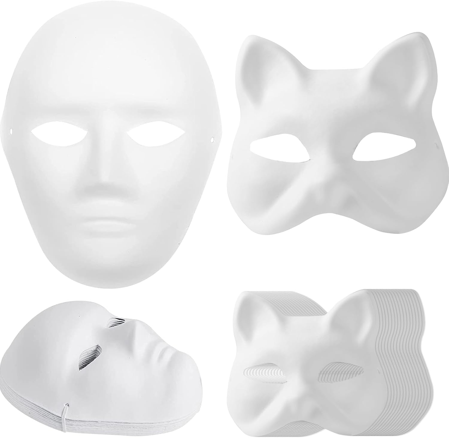 14-Pack Paper Mache Masks (2 Sizes) & 16-Pack Cat Mask White Blank for Party, Cosplay, Artistic Projects, Theater, Halloween, Masquerade Parties, Classroom Art