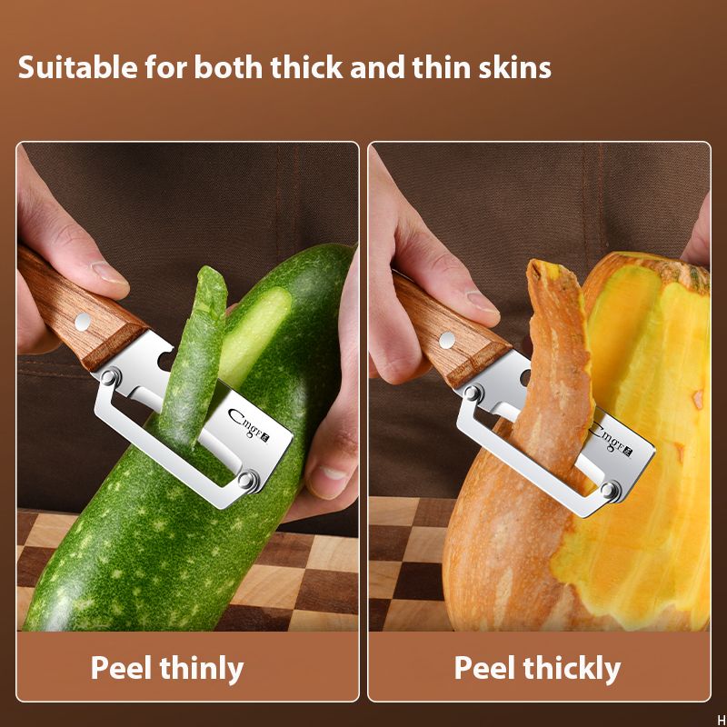 2 Pack Multi-functional Stainless Steel Peeler Set, Wooden Handle Vegetable Peeler & Scallion Slicer with Bottle Opener for Kitchen — image 5