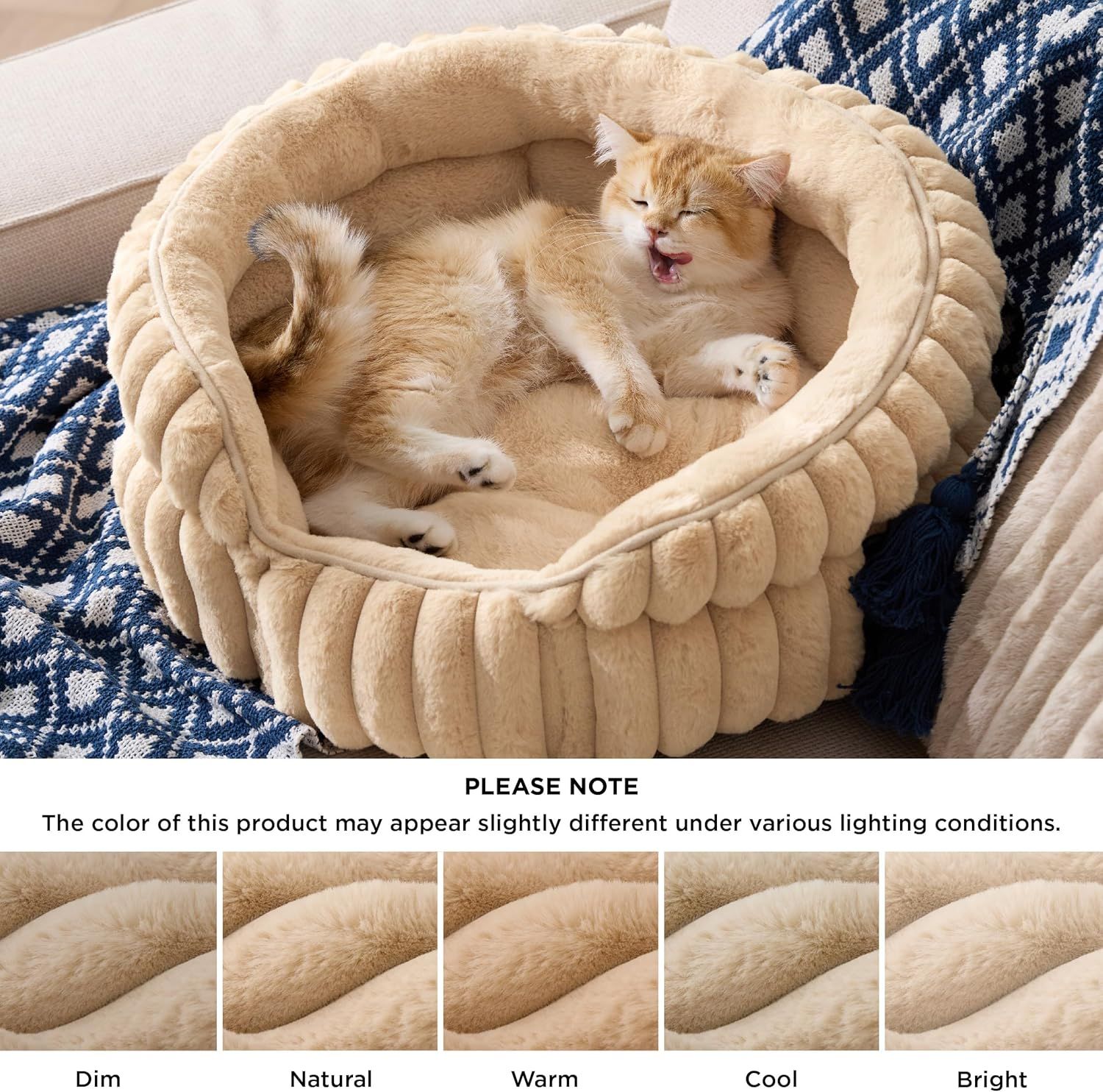 Cat Bed, Washable Round Cute Cat Beds for Indoor Cats, Super Soft Corduroy Pet Bed for Puppy and Kitten with Anti-Slip Bottom, 23''x23''x8.5'', Sandy Beige — image 2