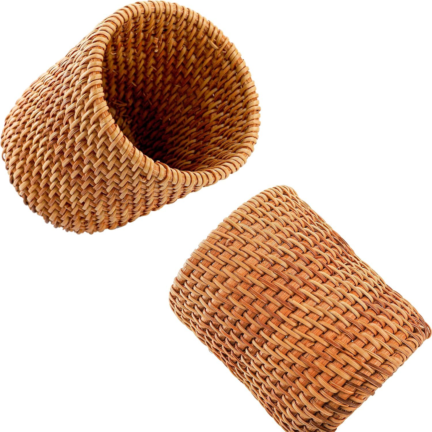 2 Pack Rattan Pencil Holder, Handmade Pen Cup Makeup Brushes Holder, Woven Vine Desk Organizer Pen Container Box
