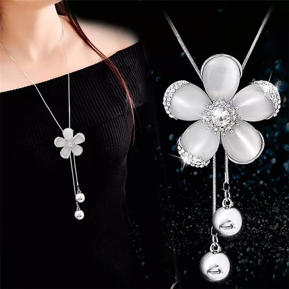 Crystal Flower Pendant Necklace Pretty Pearl Adjustable Long Sweater Necklace Fashion Jewelry for Women โ image 4