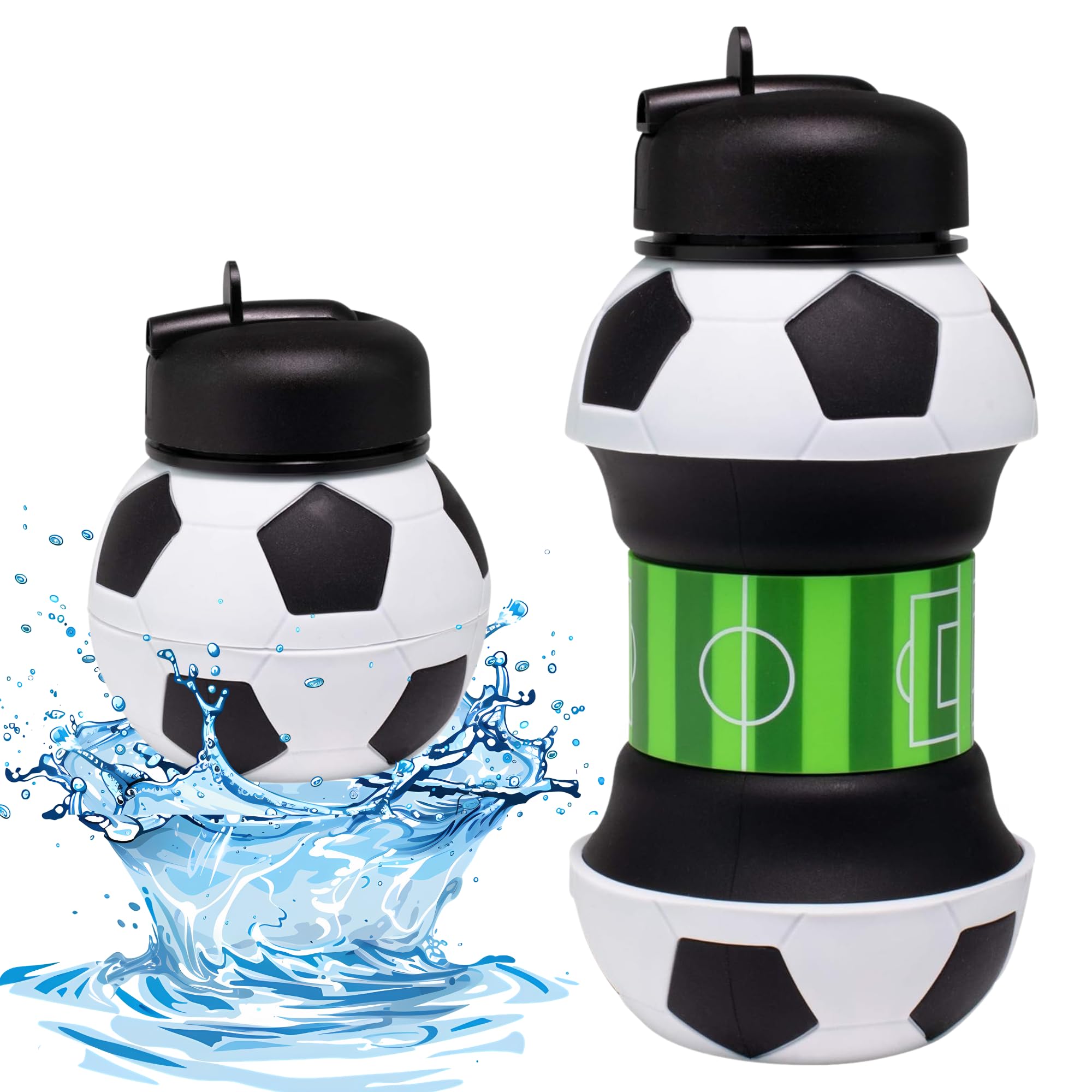 Foldable Soccer Water Bottle for Kids – 18oz Expandable Silicone Hydration Flask with Leak-Proof Spout & Carabiner Clip, BPA-Free, Ideal for School, Sports