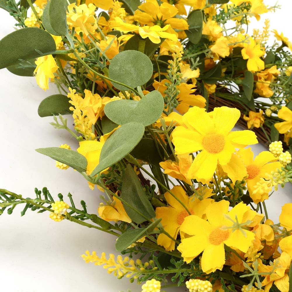 Artificial Spring Wreath 22 Inch Summer Wreaths for Front Door Yellow Daisy Wreath for Indoor Outdoor Home Decor and Easter Celebration — image 2
