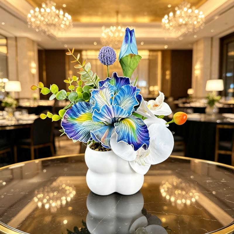 Simulated iris potted plant, floral artistry vibrant and colorful, pumpkin planter round and versatile, no maintenance ready to display upon opening, brightens โ image 2