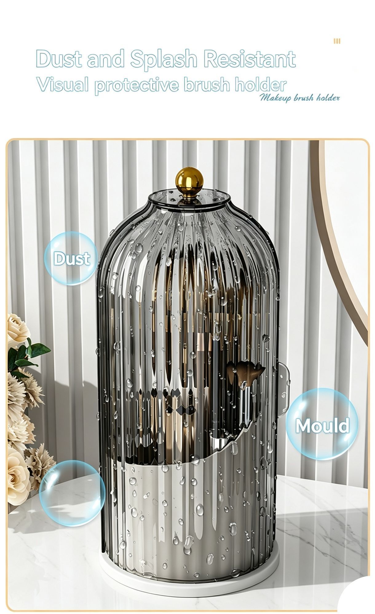 Rotatable Birdcage Vanity & Desktop Organiser, Dustproof Compartment Storage for Cosmetics, Stationery, Toothpaste, Knives, Forks & Spoons, Transparent Grey, 2 — image 5