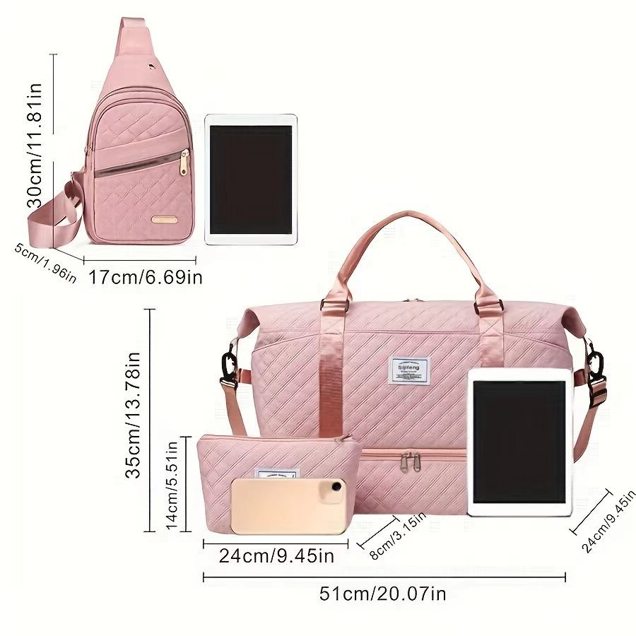 White Chic 3-Piece Quilted Travel Bag Set - Duffel, Crossbody Sling & Toiletry Pouch - Large Capacity & Lightweight — image 3