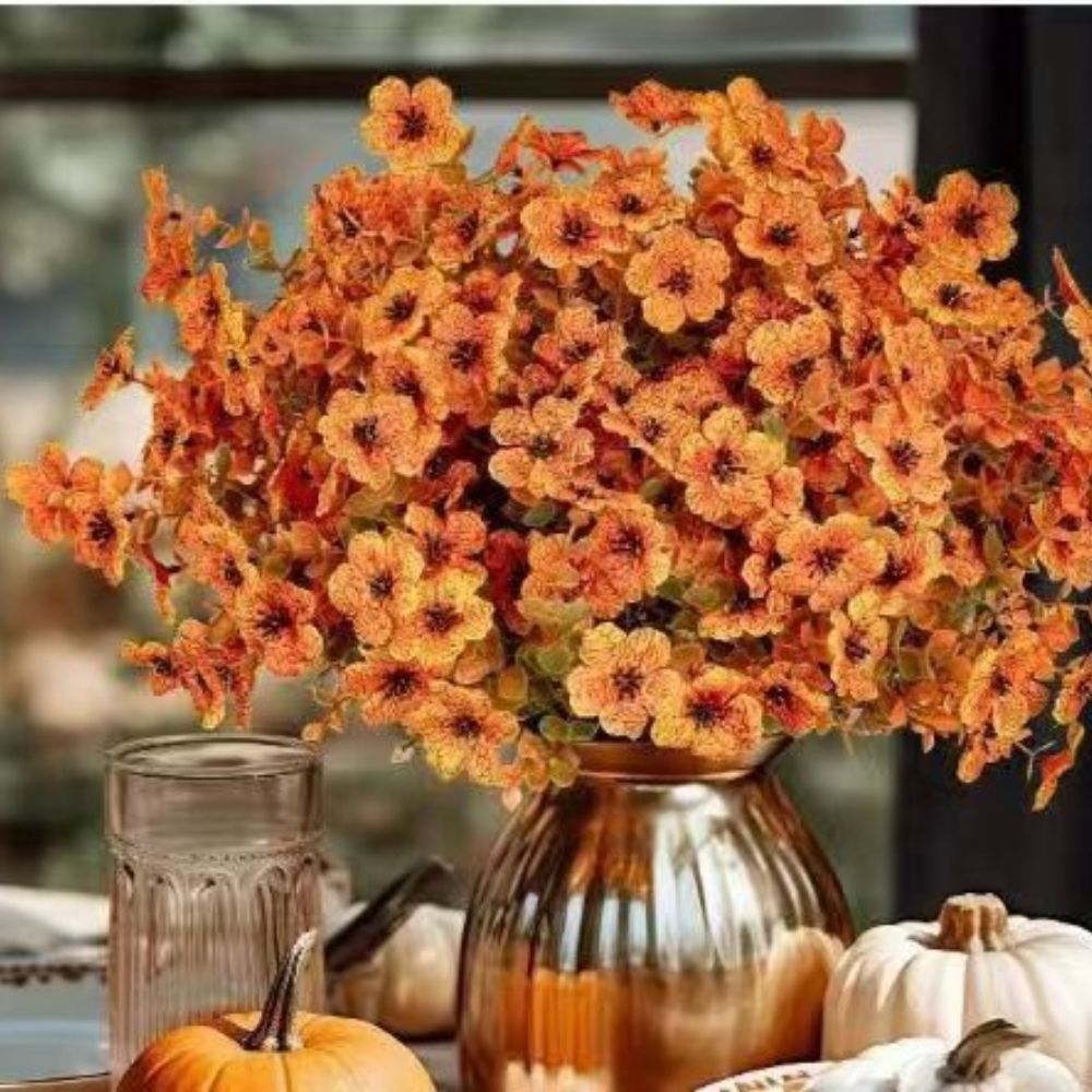 10PCS Artificial Autumn Orange Floral Stems with Eucalyptus & Violet Daisy, Full Faux Fall Bouquet Picks for Australian Farmhouse Harvest Decor โ image 5