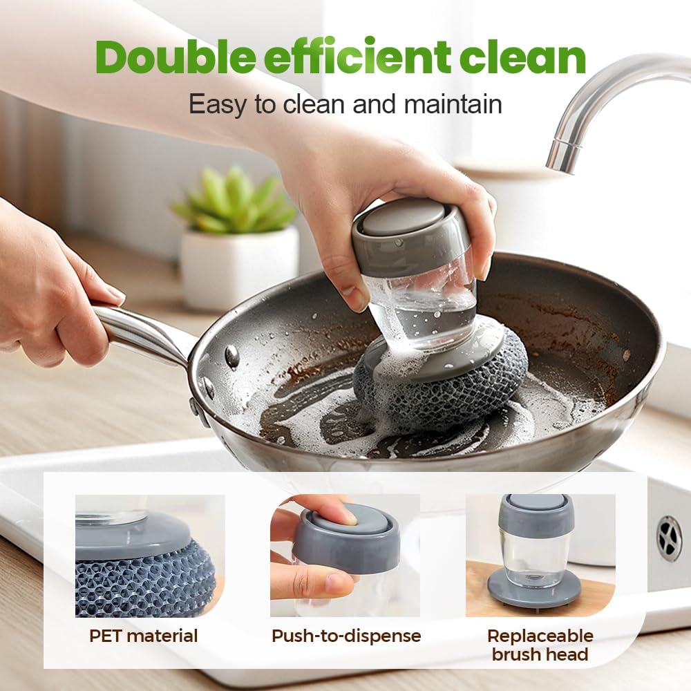 Dish Brh with Soap Dispenser, Soap Dispensing Dish Brh - with PET/Steel Wire Bristles, Kitchen Scrub Brh for Dishes Pots Pans Sinks (PET Head) — image 6