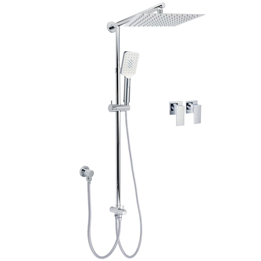 Chrome Square 10" Twin Shower Head Handheld Sliding Rail Set Wall Inlet Diverter Twin Taps