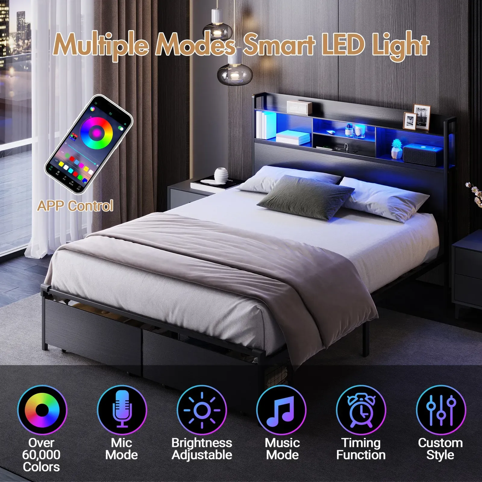 Double Black LED Bed Frame with 2 Storage Drawers and Charging Station โ image 5