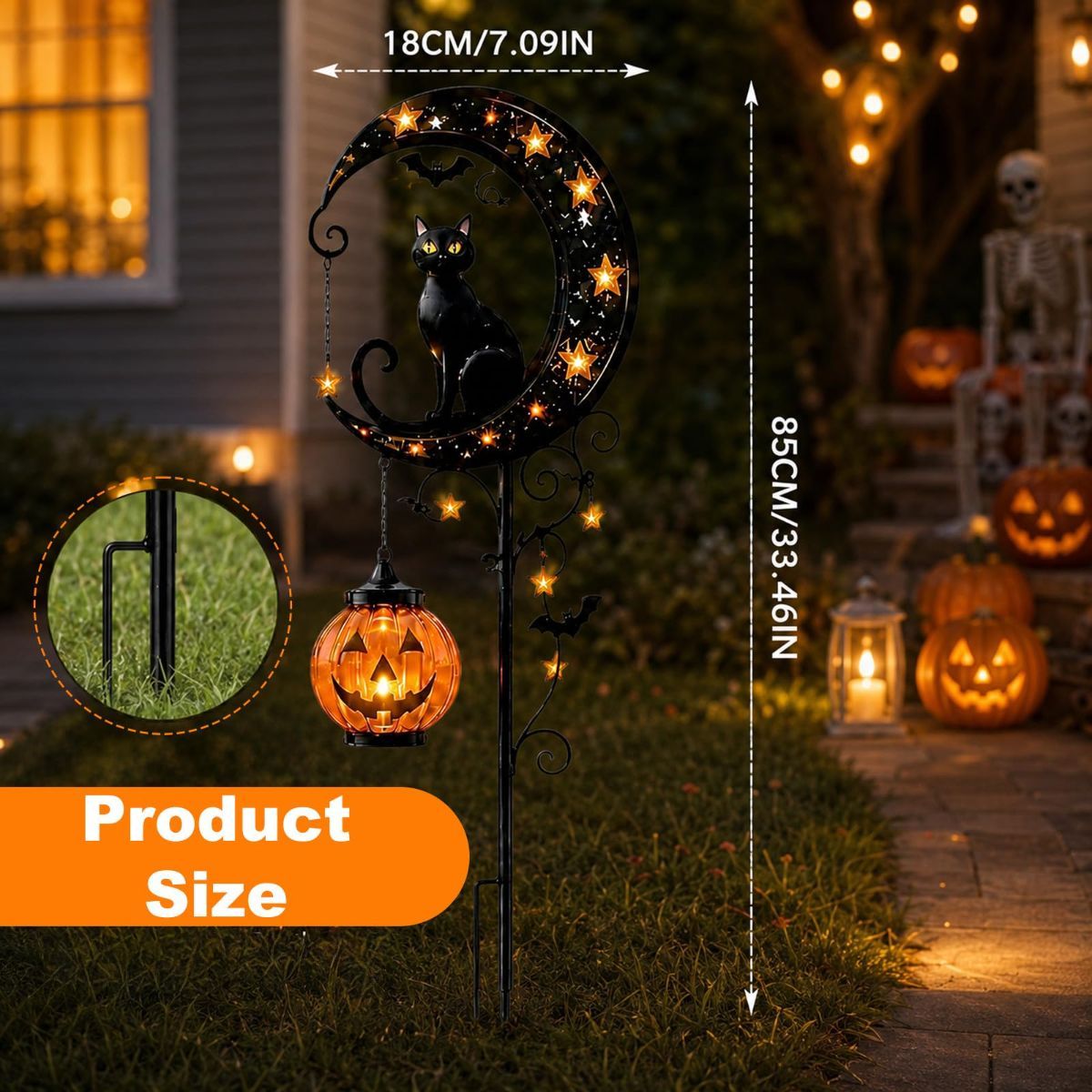 Solar Halloween Garden Stake Lights Black Cat Pumpkin Moon Lights Outdoor - Yellow - Size A — image 3