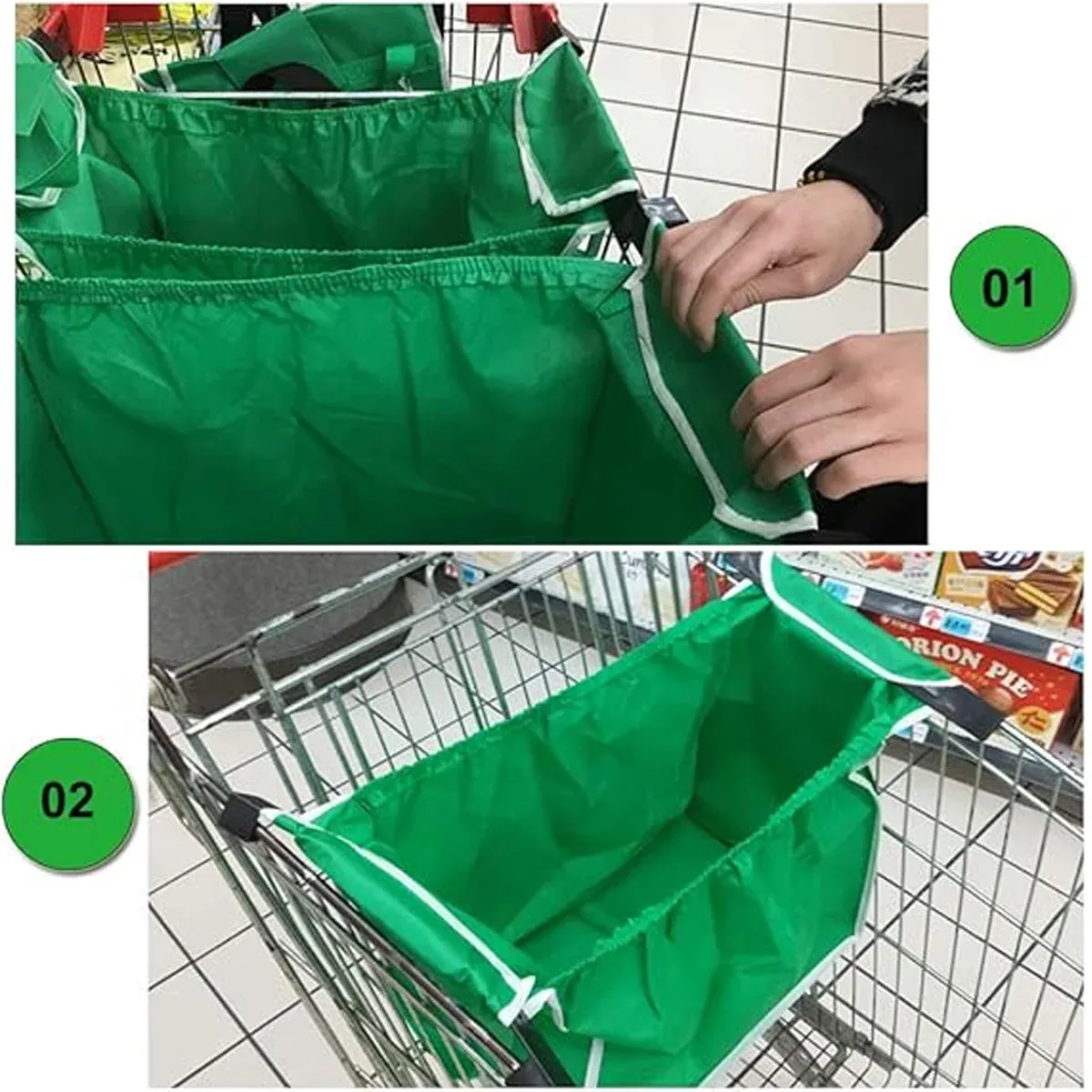 4 x Reusable Supermarket Shopping Trolley Clip-on Large Foldable Grab Handle Bag — image 4
