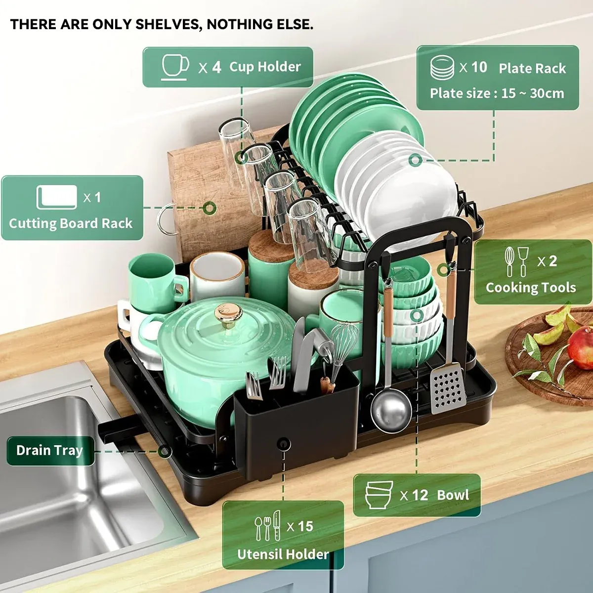 Kitchen Dish Drying Rack 2 Tier Carbon Steel Black 42x30x32cm Telescopic Drain โ image 6