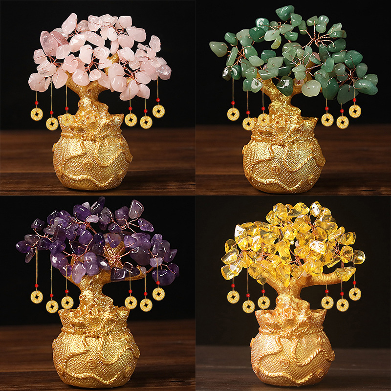 Pink Handcrafted Crystal Tree Ornament – Resin Money Bag Base with Hanging Coin Charms for Home & Office Decor — image 3