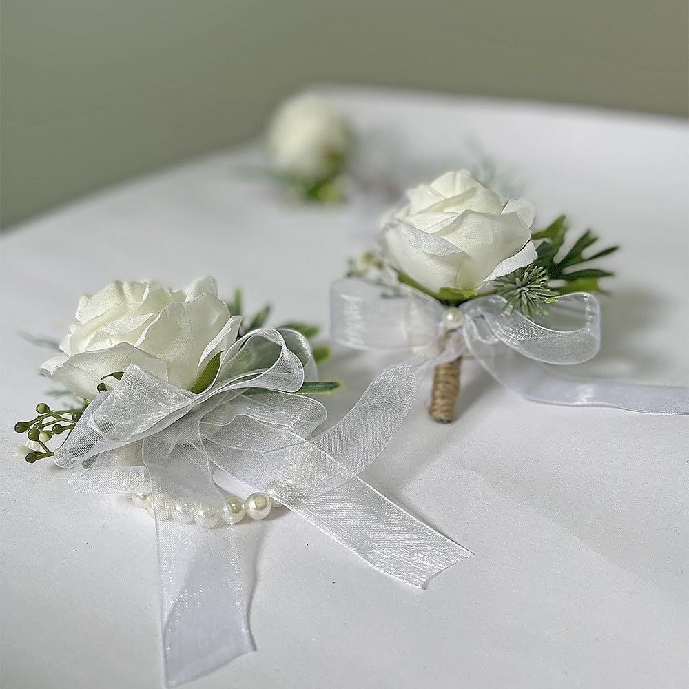 2 pieces Wrist Corsage Set, Artificial Rose Men Women Corsage Wristband Bracelet, Bride Groom Wedding Prom Party Flowers — image 2