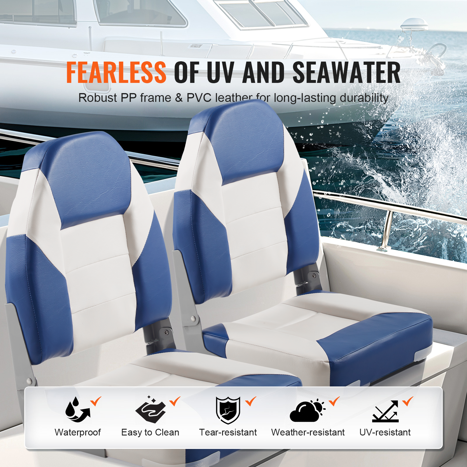 Boat Seats, 555 mm High Back Boat Seat, Folding Boat Chair with Thickened Sponge Padding and Hinge, Fold-Down Boat Captain Chairs for Fishing Boat, Sightseeing — image 4