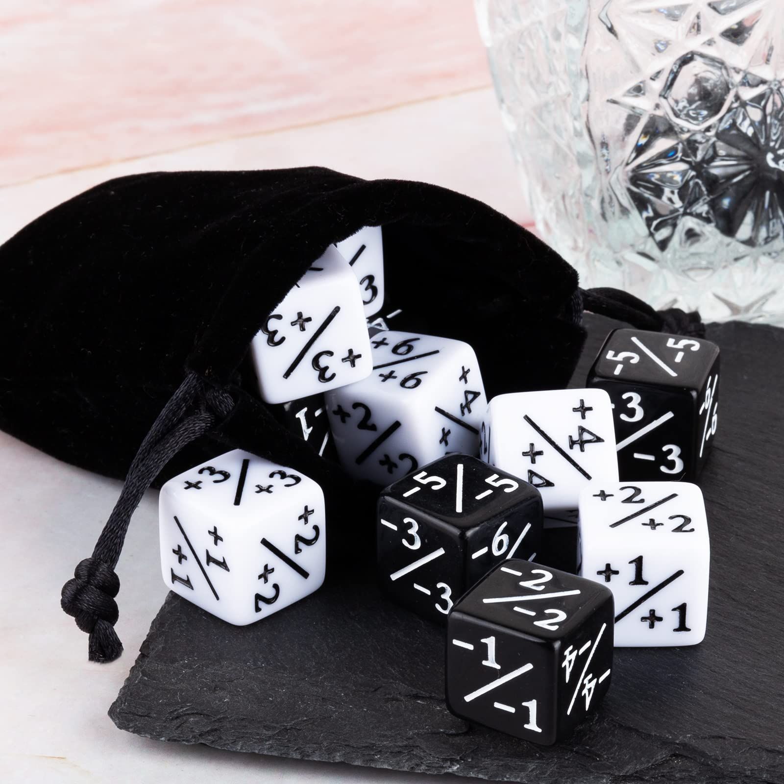 24 Pieces Dice Counters Token Buff Dice Set with Velvet Pouches D6 Cube Dice for Magic The Gathering Card Games (Black, White) โ image 3