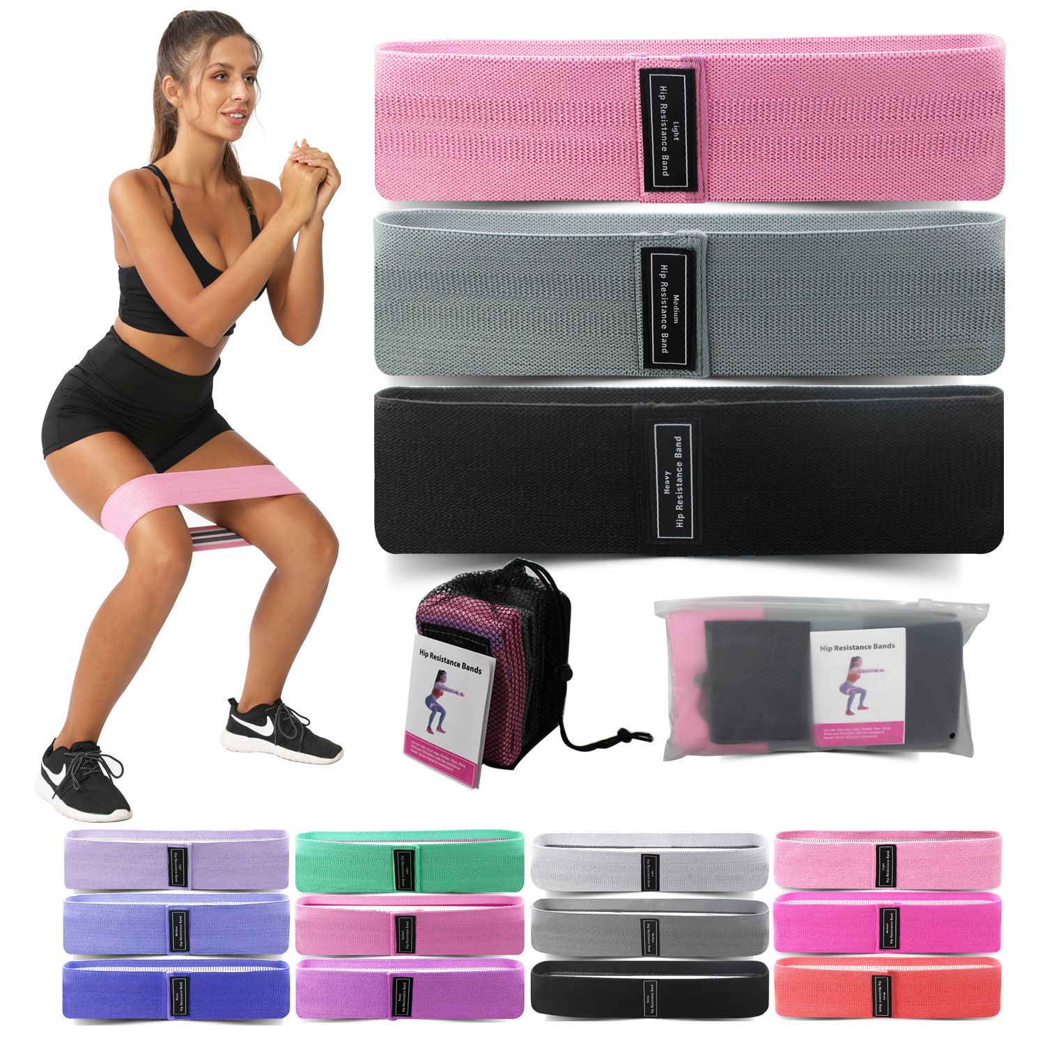 Green-Pink-Purple Fabric Resistance Bands Set - 3 Levels Non-Slip Hip Bands for Strength Training โ image 3