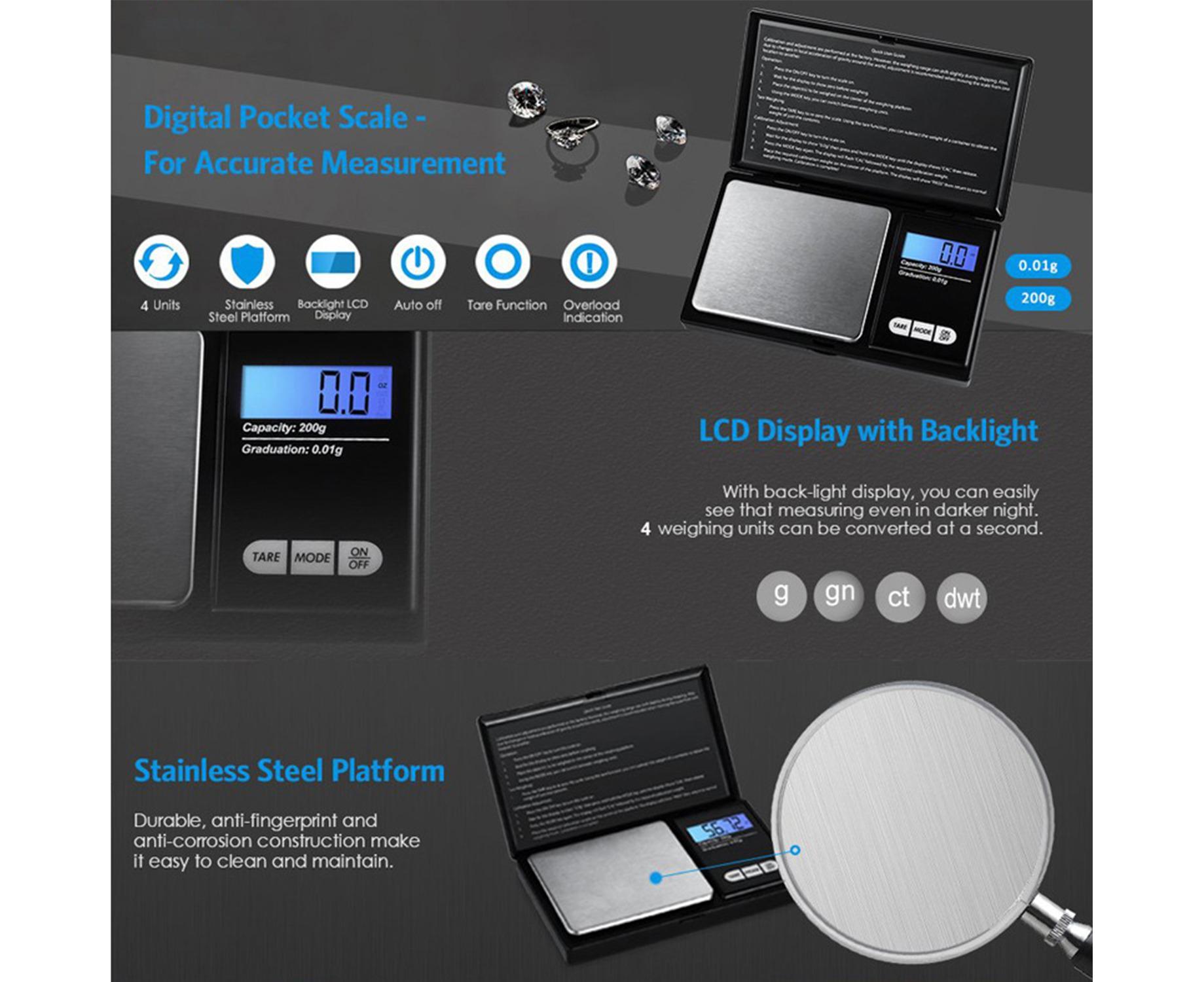200g Jewelry Scale Digital Pocket Scales LCD Display Scale Small Mini Kitchen Scales Weight g dwt gn ct for Baking Cooking Portable Jewelry — image 6