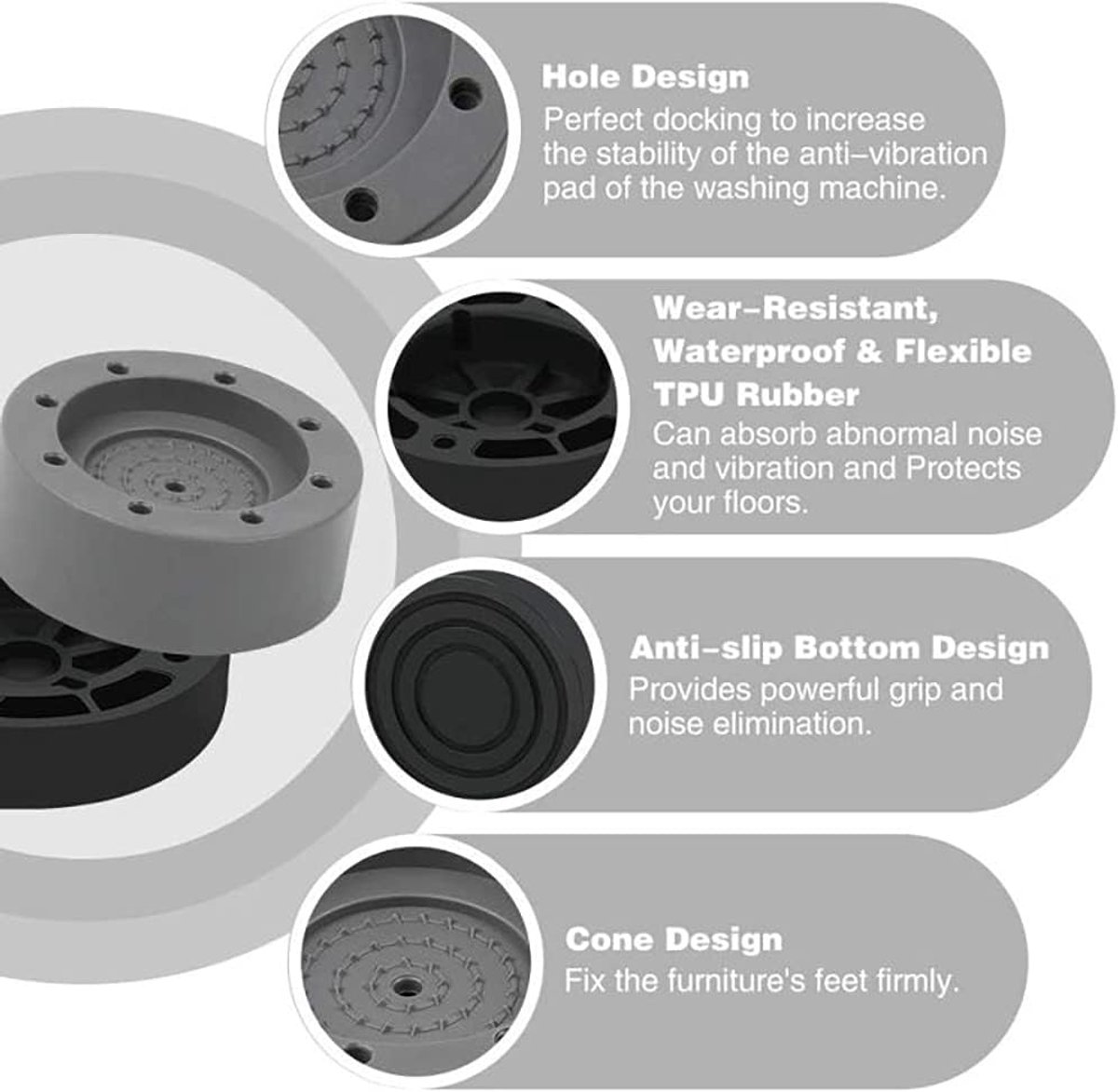 4 Washing Machine Feet - Universal Anti-Vibration Pads for Washing Machines - Washing Machine Vibration Dampers - Non-Slip Rubber Pads - Washing Machine Feet — image 4