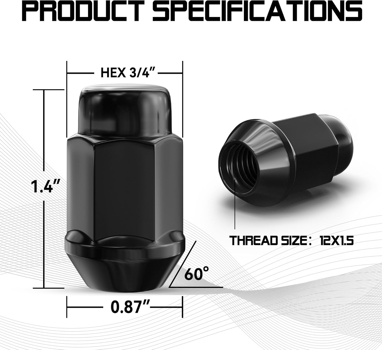 12 × 1.5 Wheel Lug Nuts, 20PCS Black 12mmx1.5 Closed End Bulge Acorn Lug Nut, Cone Seat, 19mm Hex Aftermarket Wheels — image 2