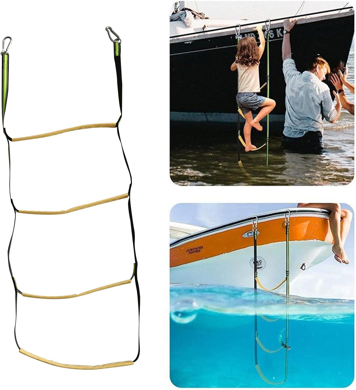 4 Step Boat Rope Ladder, Green and Yellow, Nylon Stainless Steel, 400 lb Load Capacity — image 6