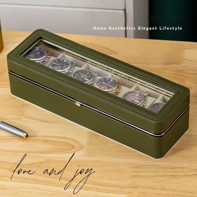 Luxury transparent-lid watch box with 6 fabric-lined compartments, portable and shockproof design, suitable for both men and women. Ideal for home, travel, or