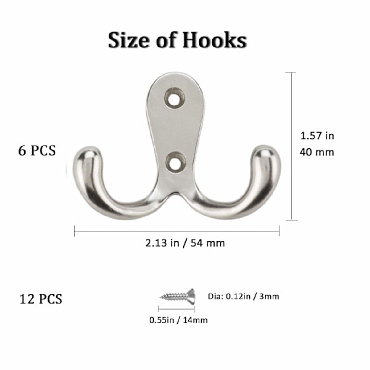 Double Hook - Chrome Double Coated Hook - Clothes - Bathrobe - Towel - Bathroom Bedroom Door Wall 6 Pieces — image 2
