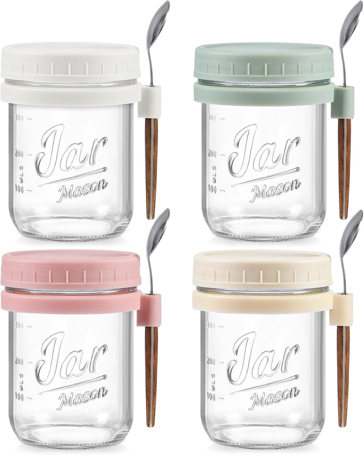 4-Pack 16oz Glass Overnight Oats Jars with Lids & Spoons, Airtight Mason Jars for Yogurt, Salad, Fruit, Meal Prep, Leak-Proof & Portable (Multicolor)